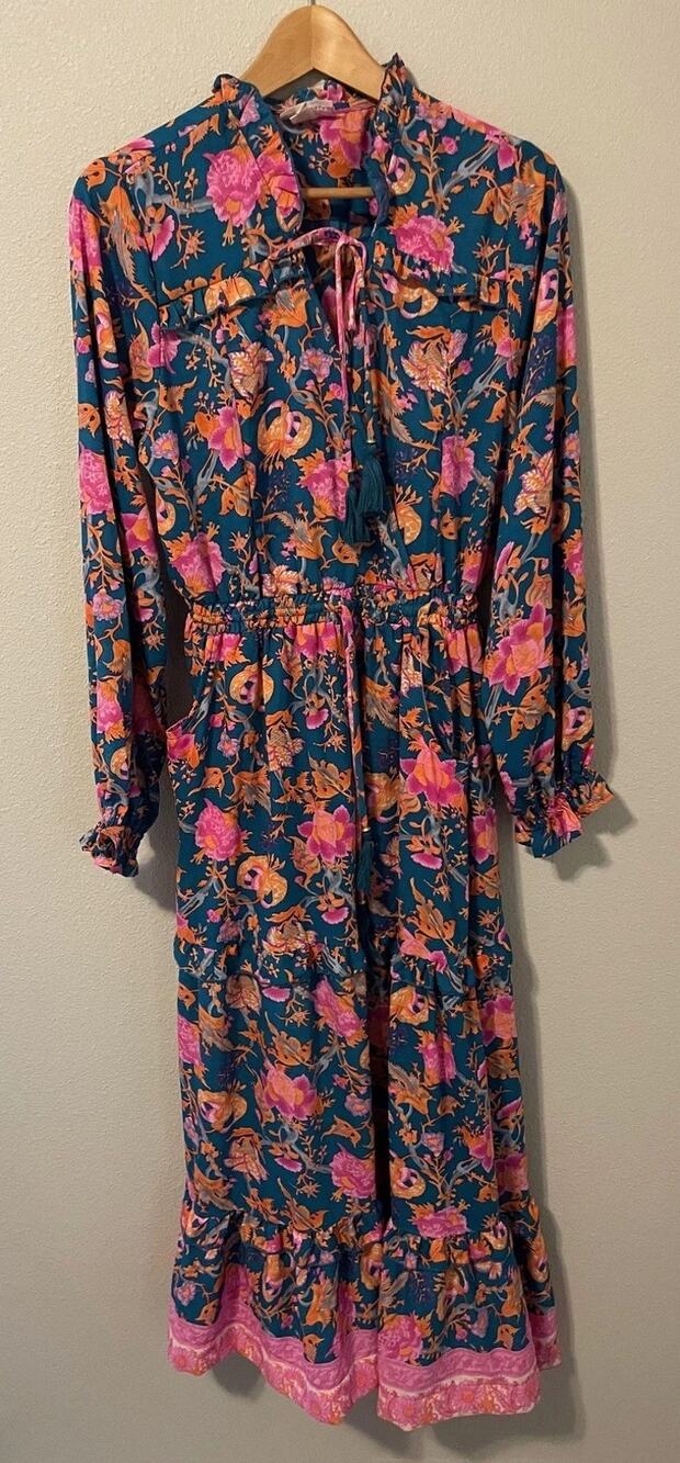 Boemo Maxi Dress Womens Medium Blue Floral Tassel Puff Sleeve Tiered Boho NWT